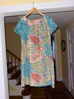 Talbots Teal, Coral & Green Paisley Short Sleeve Shift Dress